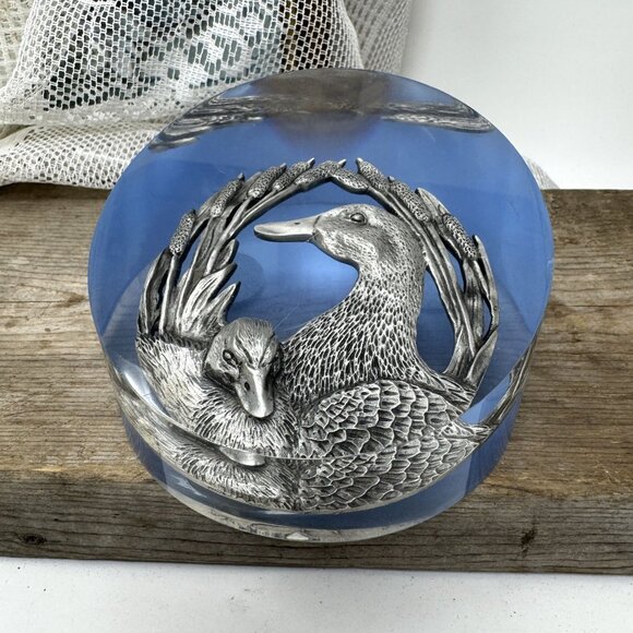 Vintage 3D Lucite Sculpture Duck Family Oval Paperweight Collectible Table Decor - Picture 2 of 10